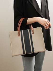 簡約大容量手提袋，便攜式休閒收納手提袋，多功能購物手提包 簡約經典大容量手提袋，條紋圖案肩袋，帶可拆式肩帶適用於工作，學校，大容量，便攜式，適用於青少女，女性，大學生，白領，最適合工作，返校，中學，高中，大學，假期使用