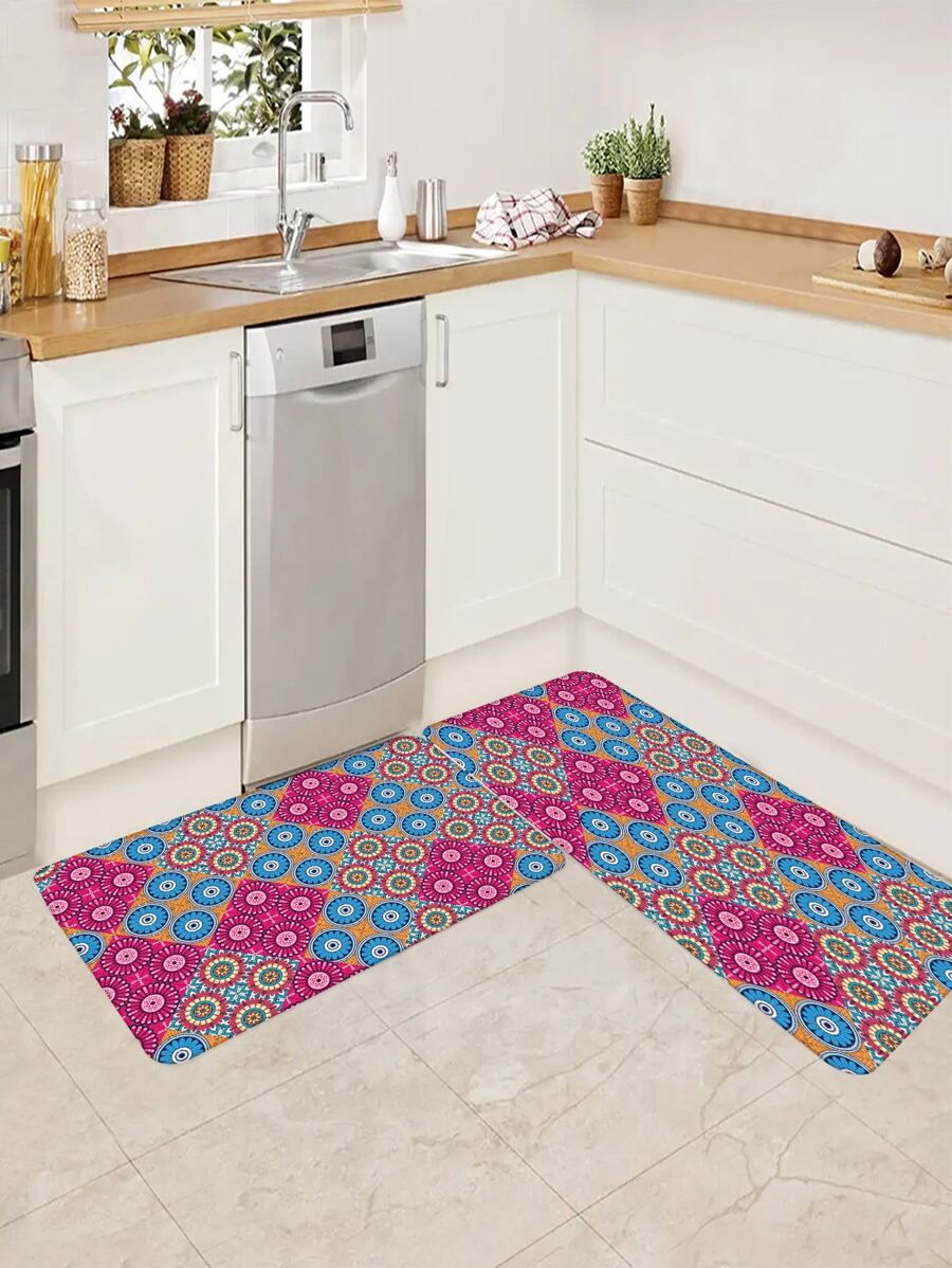 1pc Vintage Geometric Pattern Kitchen Rug - Multicolor - View 1