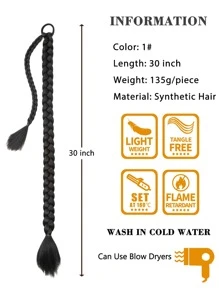 長辮子馬尾接髮與髮圈，直接束在頭上的髮片接髮，天然柔軟的合成髮絲，適合女性日常佩戴，16英寸、26英寸、30英寸、34英寸、1入組黑色