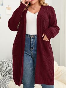 SHEIN LUNE Plus Drop Shoulder Pocket Patched Duster Cardigan - Maroon - View 1