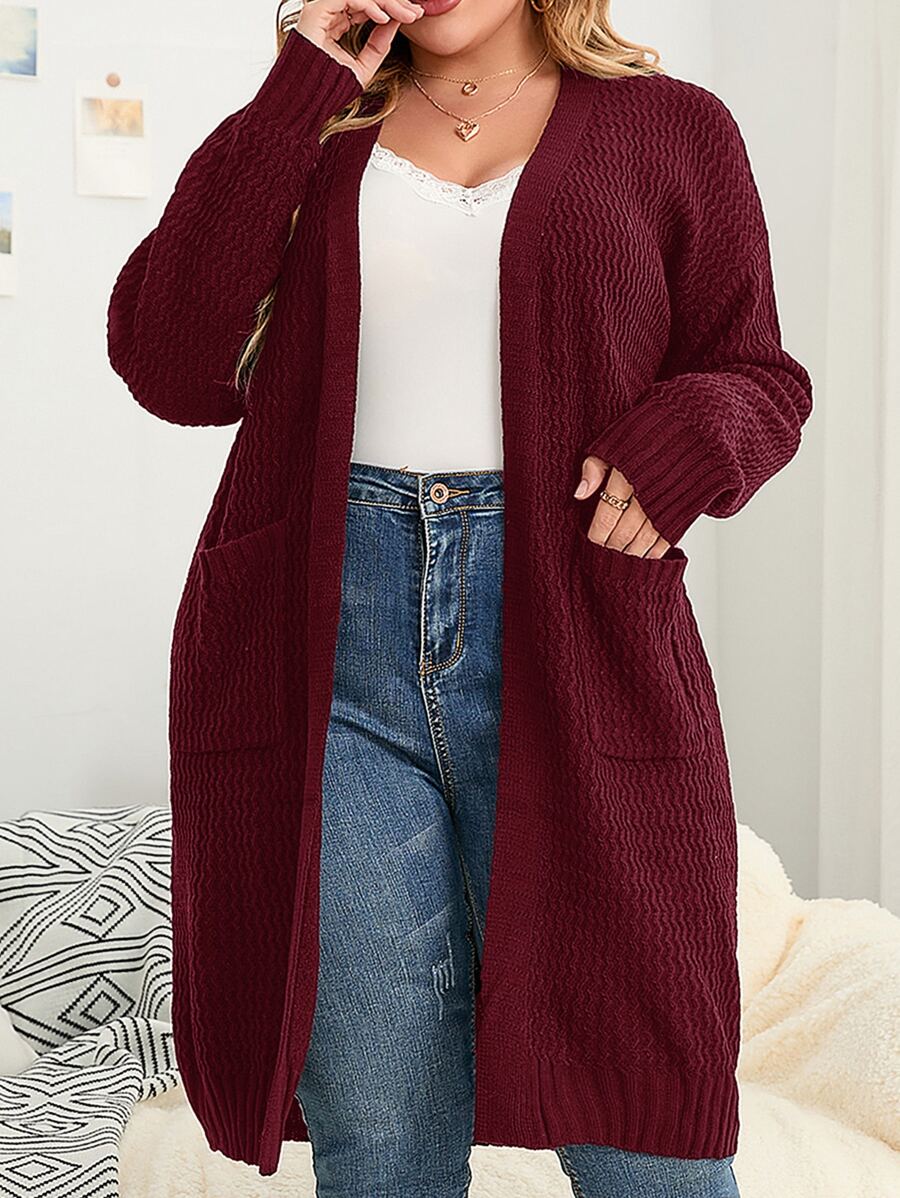 SHEIN LUNE Plus Drop Shoulder Pocket Patched Duster Cardigan - Maroon - View 1