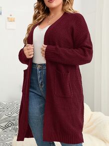 SHEIN LUNE Plus Drop Shoulder Pocket Patched Duster Cardigan - Maroon - View 3