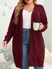SHEIN LUNE Plus Drop Shoulder Pocket Patched Duster Cardigan - Maroon - View 4