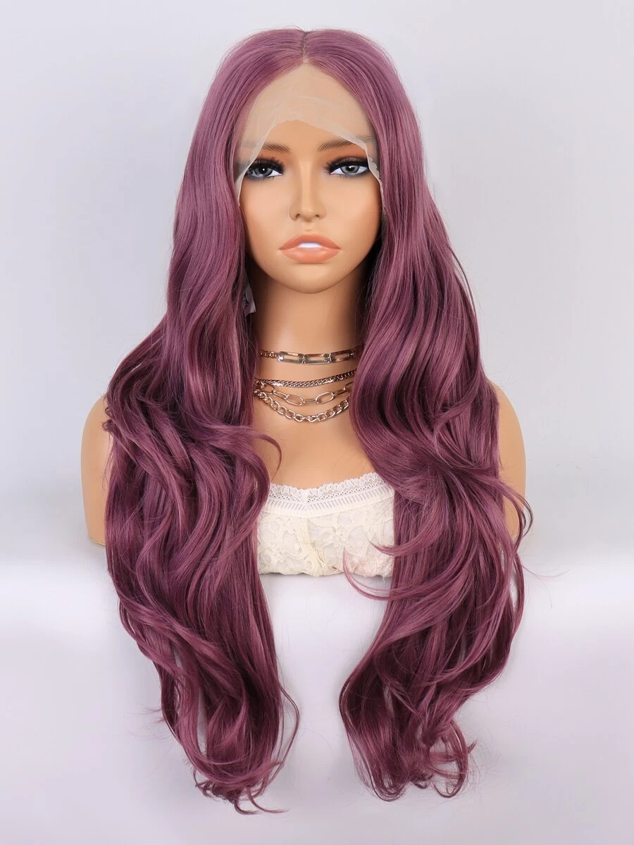 Tóc giả ren T-Part chịu nhiệt tổng hợp 13*4.5*1 Tóc sóng dài 26 inch màu tím dùng hàng ngày cho phụ nữ Tóc giả mềm mại tổng hợp chất lượng tốt, thân thiện với người mới bắt đầu - Màu đỏ tím - Xem 1