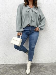 SHEIN LUNE Plus Tie Neck Lantern Sleeve Jumper - Mint Blue - View 3