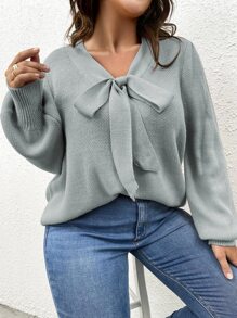 SHEIN LUNE Plus Tie Neck Lantern Sleeve Jumper - Mint Blue - View 6