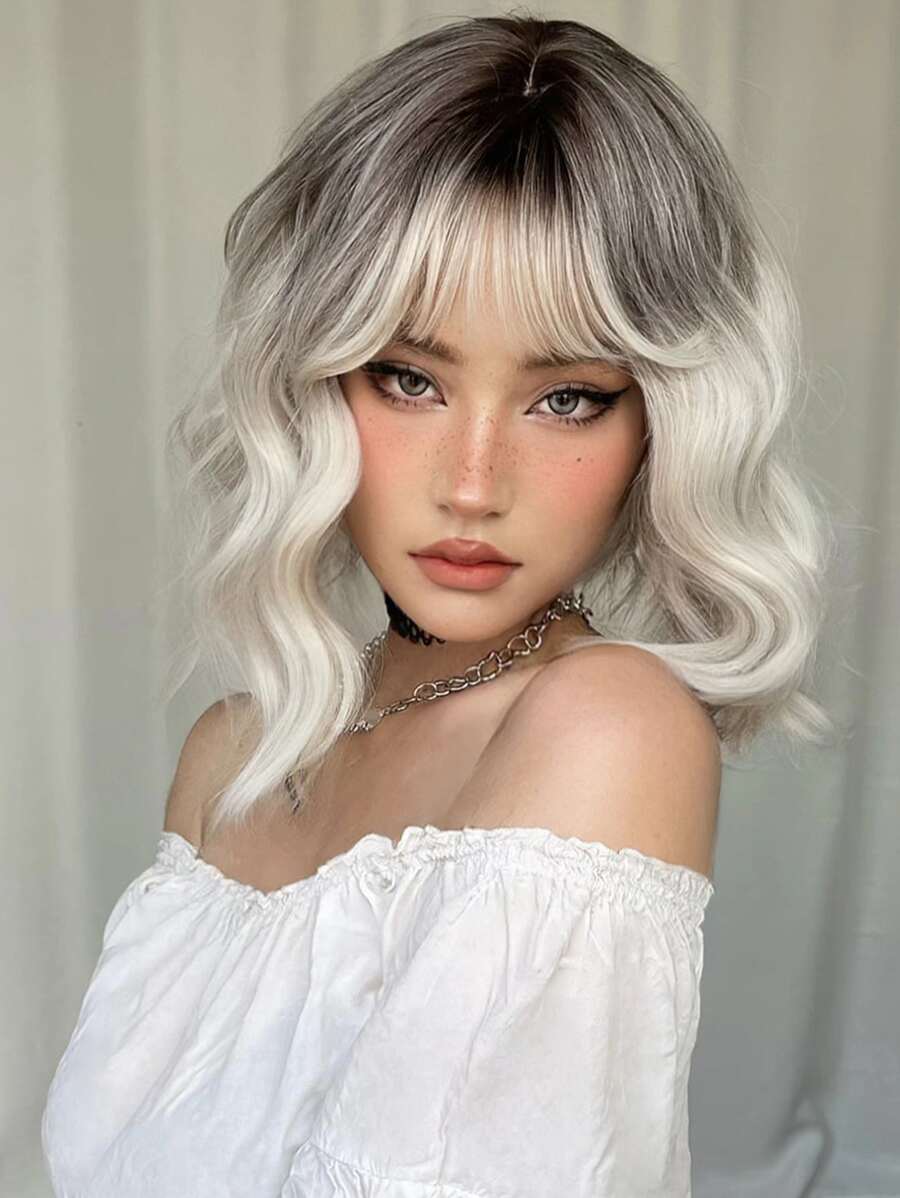 Ombre Golden Short Wavy Curly Wig With Bangs For Lolita Role Play, Pale Platinum Bobcut, Heat-Resistant Synthetic Wig, Suitable For Women's Daily And Party Wear - 彩色 - 查看 1