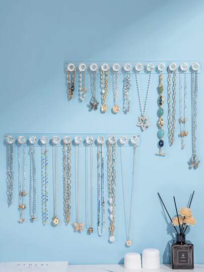 3M Suporte para colares em acrílico com 12 ganchos elegantes em formato de diamante para armazenamento de joias na parede com estilo. Presente perfeito para meninas e mulheres no Dia dos Namorados, volta às aulas, Natal e Dia de Ação de Graças. Ideal para organizar colares, pulseiras e acessórios de forma elegante e moderna. Decore seu quarto com este organizador de joias funcional e estiloso.