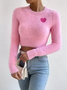 SHEIN Unity Heart Pattern Fuzzy Crop Jumper - Pink - View 1