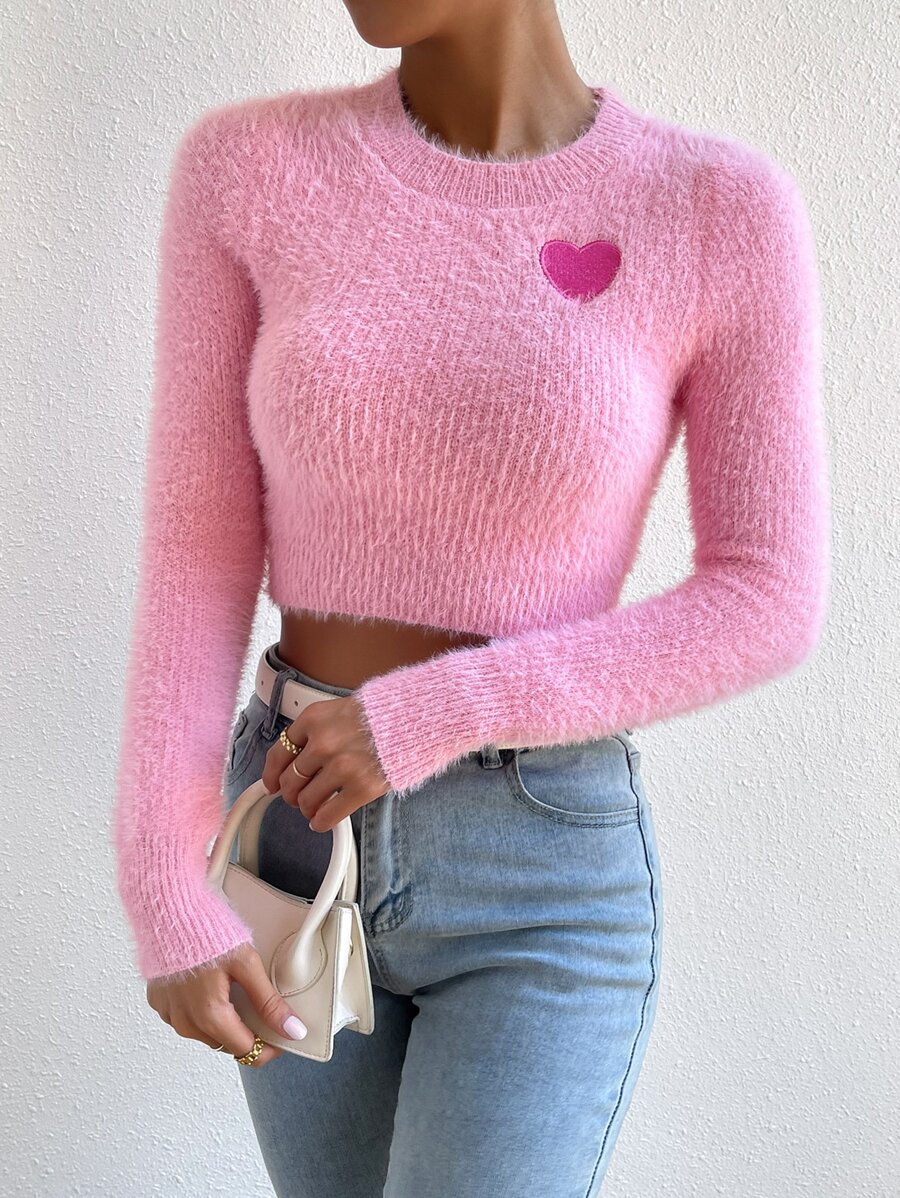 SHEIN Unity Heart Pattern Fuzzy Crop Jumper - Pink - View 1