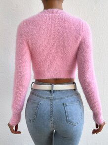 SHEIN Unity Heart Pattern Fuzzy Crop Jumper - Pink - View 2