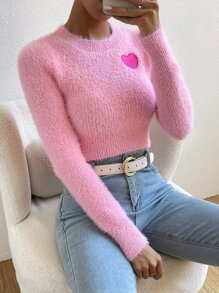 SHEIN Unity Heart Pattern Fuzzy Crop Jumper - Pink - View 3