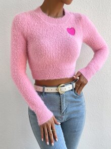 SHEIN Unity Heart Pattern Fuzzy Crop Jumper - Pink - View 5