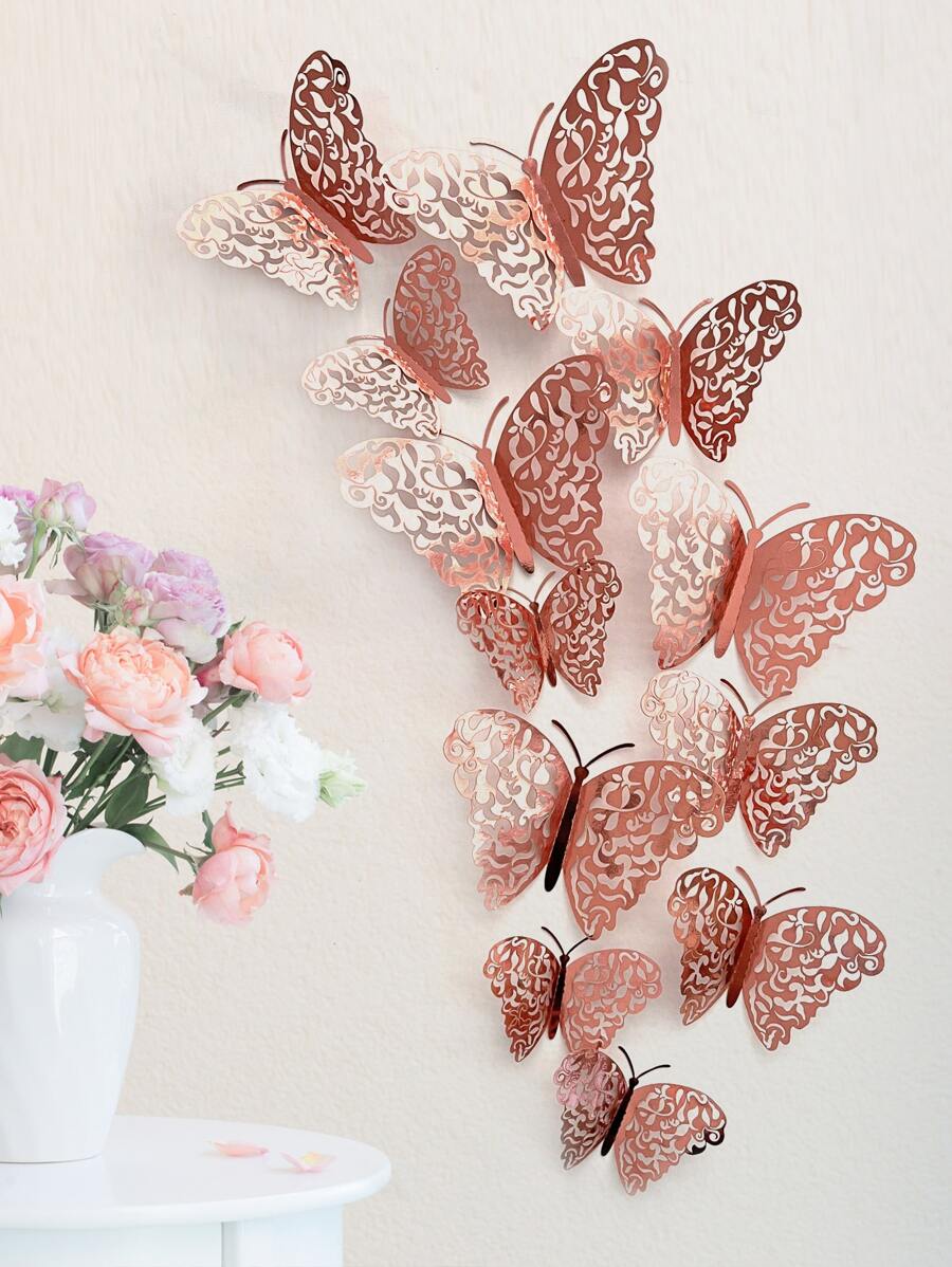 12pcs 3D Butterfly Sticker, Rose Gold Hollow Paper Butterfly Wall Decoration For Home Decor - Rose Gold - View 1