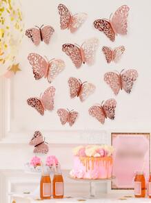 12pcs 3D Butterfly Sticker, Rose Gold Hollow Paper Butterfly Wall Decoration For Home Decor - Rose Gold - View 6