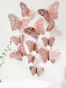 12pcs 3D Butterfly Sticker, Rose Gold Hollow Paper Butterfly Wall Decoration For Home Decor - Rose Gold - View 7