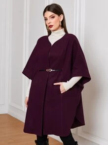 Modelyn Solid Slant Pocket Cape Coat Without Belt - Purple - View 1