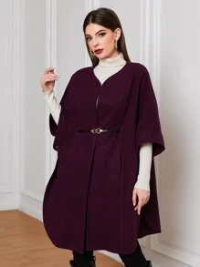 Modelyn Solid Slant Pocket Cape Coat Without Belt - Purple - View 3