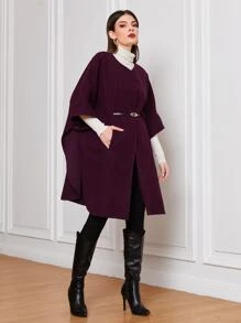 Modelyn Solid Slant Pocket Cape Coat Without Belt - Purple - View 5