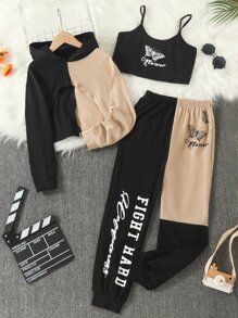 SHEIN Girls 3pcs Letter And Butterfly Print Cami Top & Pullover & Joggers - Multicolor - View 1