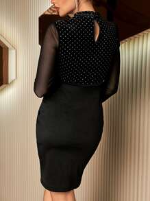 SHEIN Maternity Dot Print Contrast Mesh Bodycon Dress - Black - View 2