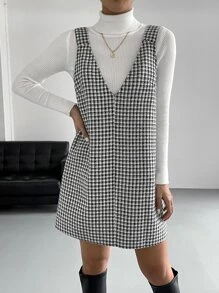 BizChic 女士格子V领无袖连衣裙，秋季优雅休闲商务通勤连衣裙 - 黑與白 - 查看 3