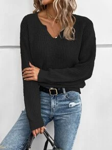 SHEIN LUNE Jersey de cuello notch de hombros caídos - Negro - Ver 4