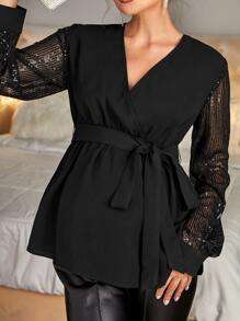 SHEIN Maternity Contrast Sequin Mesh Lantern Sleeve Belted Blouse - Black - View 3