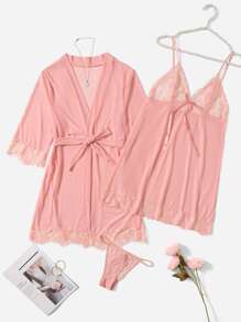 Classic Sexy 3pack Lace Trim Mesh Slips With Thong & Belted Robe - Pink - View 1