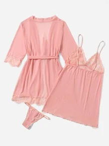 Classic Sexy 3pack Lace Trim Mesh Slips With Thong & Belted Robe - Pink - View 2