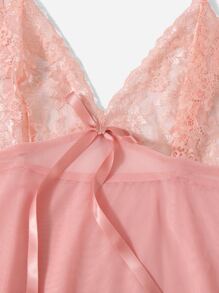 Classic Sexy 3pack Lace Trim Mesh Slips With Thong & Belted Robe - Pink - View 4