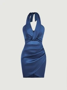 SHEIN BAE Cut Out Backless Ruched Wrap Hem Halter Dress - Navy Blue - View 1