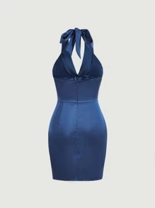 SHEIN BAE Cut Out Backless Ruched Wrap Hem Halter Dress - Navy Blue - View 7