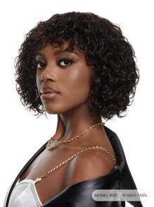 Short Human Hair Wigs With Bangs Brown Water Wave Wear To Go Wig Curly Wave Machine Made Wig For Chocolate Color - S4 - View 2