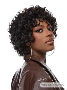 Short Human Hair Wigs With Bangs Put-On & Go Curly Wave Machine Made Wig Natural Black Color For Women - Natural Black - View 2