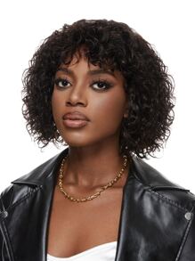 Short Human Hair Wigs With Bangs Brown Water Wave Wear To Go Wig Curly Wave Machine Made Wig For Chocolate Color - S4 - View 3