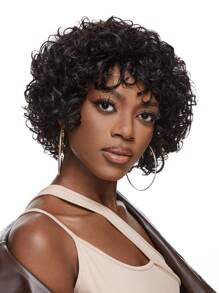 Short Human Hair Wigs With Bangs Put-On & Go Curly Wave Machine Made Wig Natural Black Color For Women - Natural Black - View 3