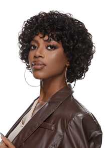 Short Human Hair Wigs With Bangs Put-On & Go Curly Wave Machine Made Wig Natural Black Color For Women - Natural Black - View 4