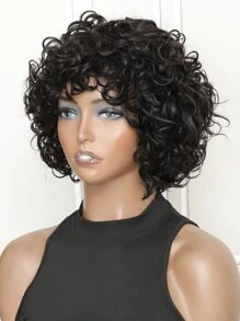 Short Human Hair Wigs With Bangs Put-On & Go Curly Wave Machine Made Wig Natural Black Color For Women - Natural Black - View 5