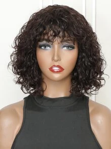 Short Human Hair Wigs With Bangs Brown Water Wave Wear To Go Wig Curly Wave Machine Made Wig For Chocolate Color - S4 - View 6