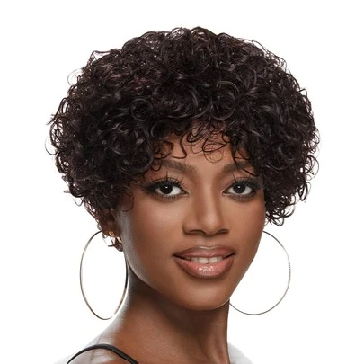 Short Curly Wave Wigs With Bangs 1BF99J# Put-On & Go Virgin Human Hair Machine Made Wig Mix Color