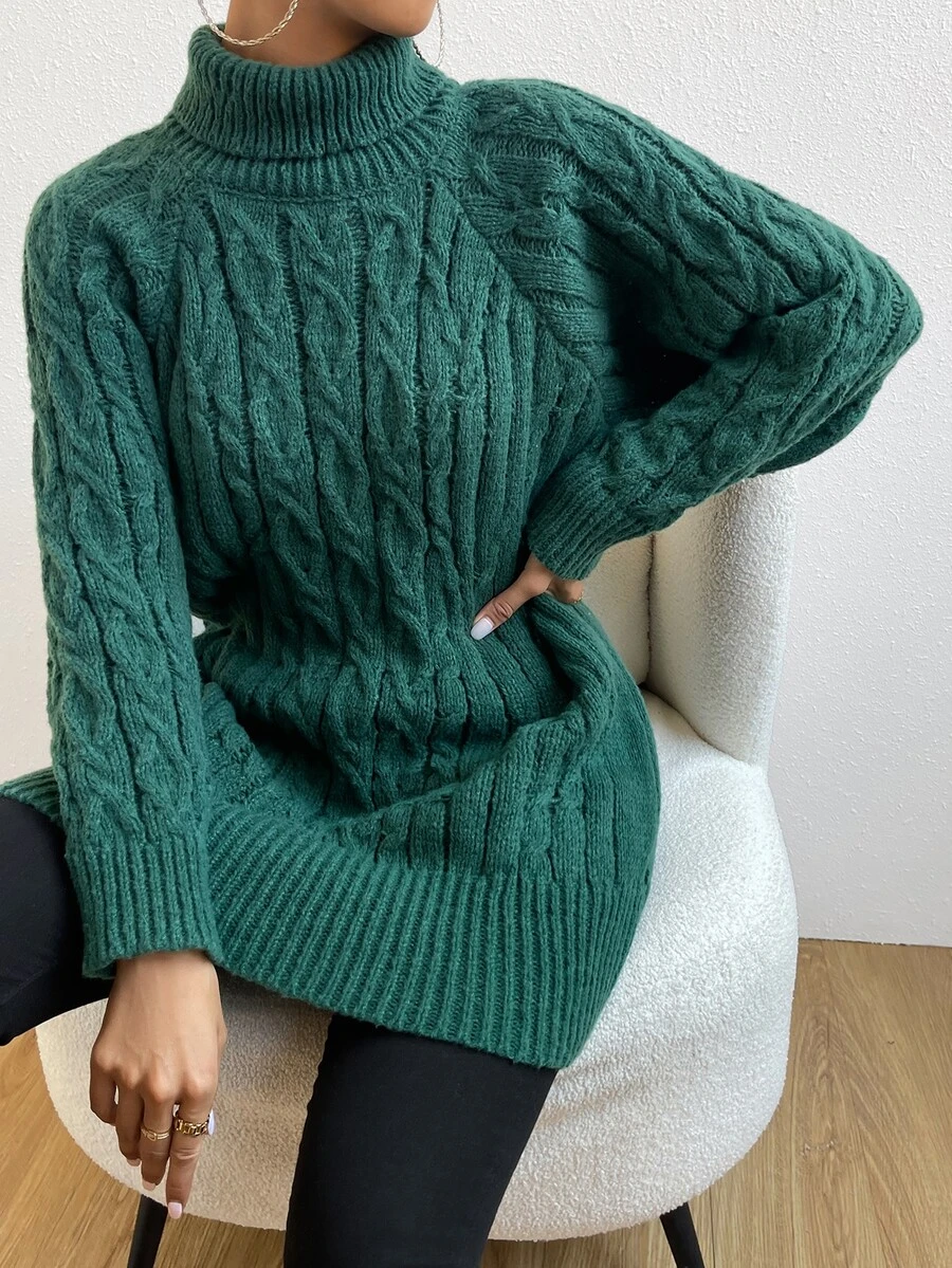 Turtleneck Cable Knit Raglan Sleeve Jumper - Green - View 1