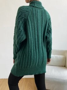 Turtleneck Cable Knit Raglan Sleeve Jumper - Green - View 2