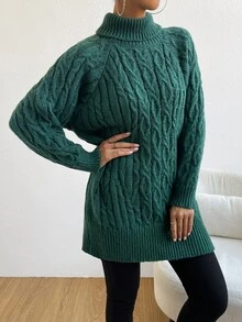 Turtleneck Cable Knit Raglan Sleeve Jumper - Green - View 3