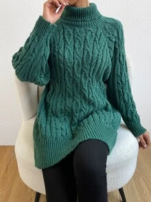 Turtleneck Cable Knit Raglan Sleeve Jumper - Green - View 5