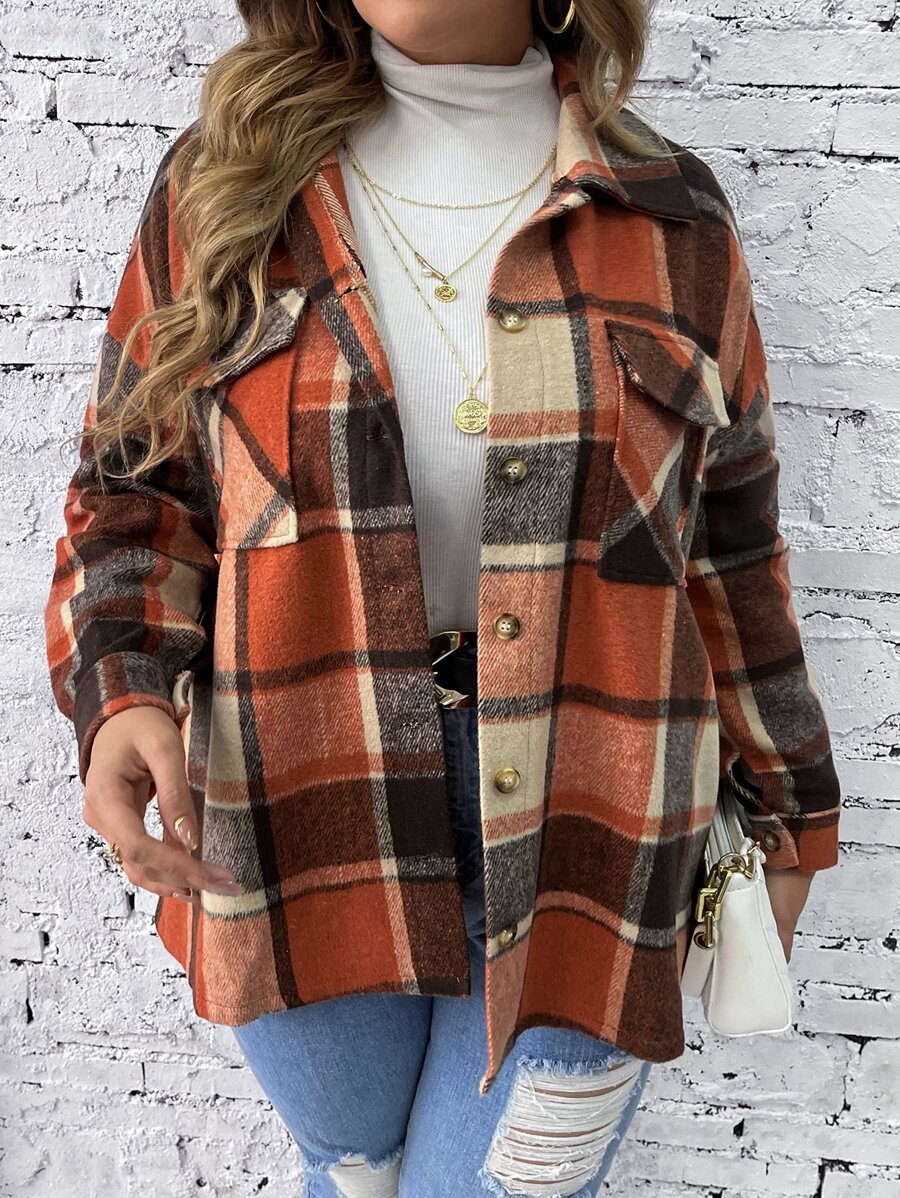 SHEIN LUNE Plus Plaid Flap Pocket Drop Shoulder Overcoat - Multicolor - View 1