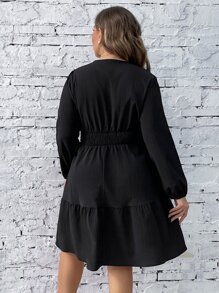 SHEIN Unity Plus Guipure Lace Trim Lantern Sleeve Ruffle Hem Dress - Black - View 2