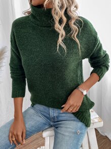 SHEIN LUNE Jersey cuello alto de hombros caídos - Verde Oscuro - Ver 1