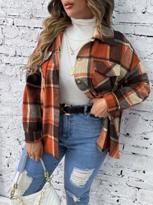 SHEIN LUNE Plus Plaid Flap Pocket Drop Shoulder Overcoat - Multicolor - View 3