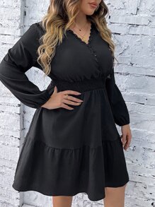SHEIN Unity Plus Guipure Lace Trim Lantern Sleeve Ruffle Hem Dress - Black - View 5
